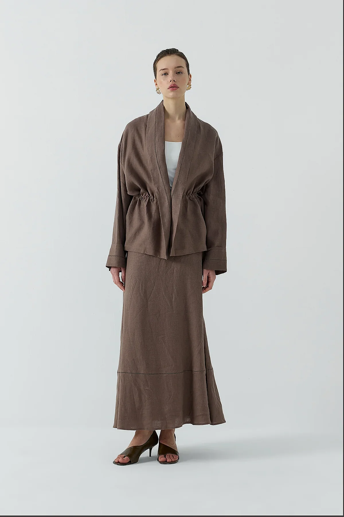Clande Dantel Detaylı Beli Bağlamalı Keten Kimono KAHVE - 4