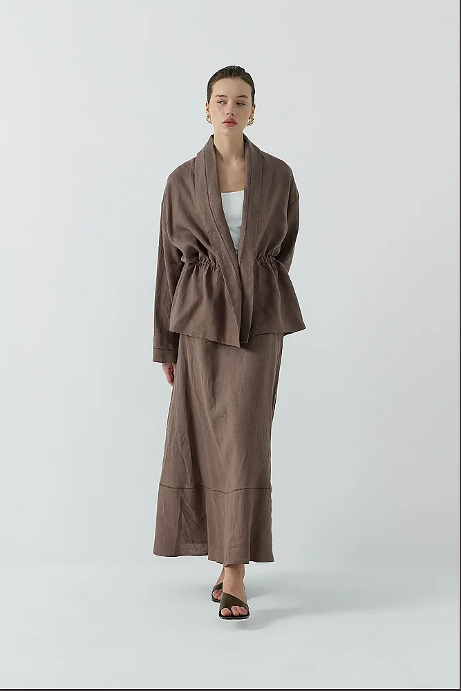 Clande Dantel Detaylı Beli Bağlamalı Keten Kimono KAHVE - 6