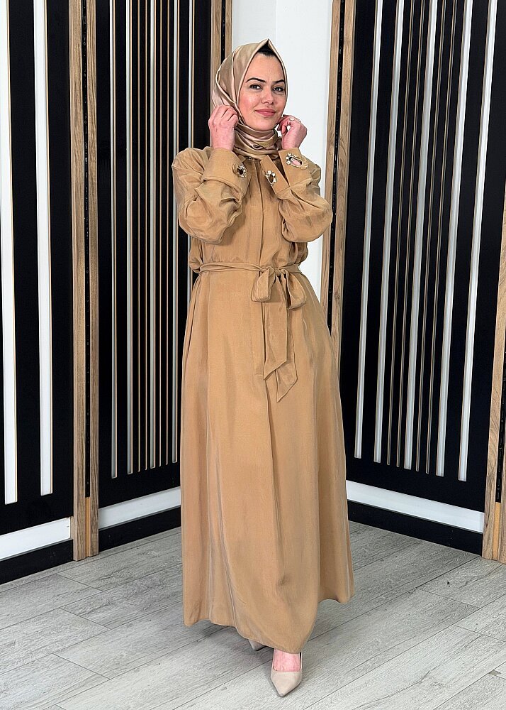 Clande Yakası ve Bileği Taşlı Cupra Elbise CAMEL - 3