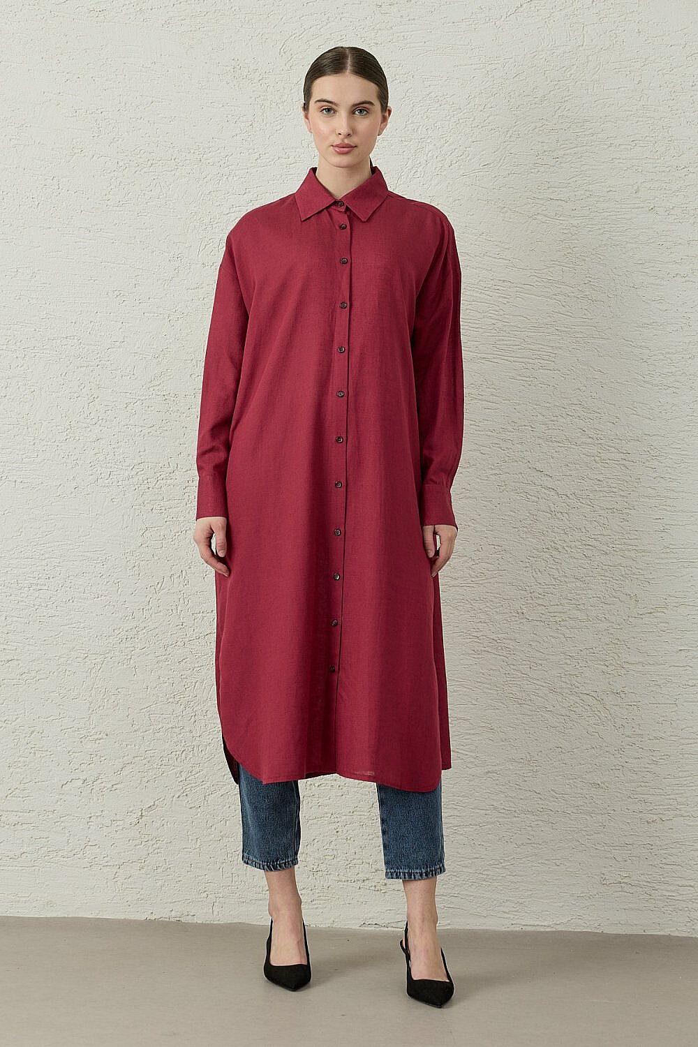MerWish Uzun Keten Gömlek BORDO - 1