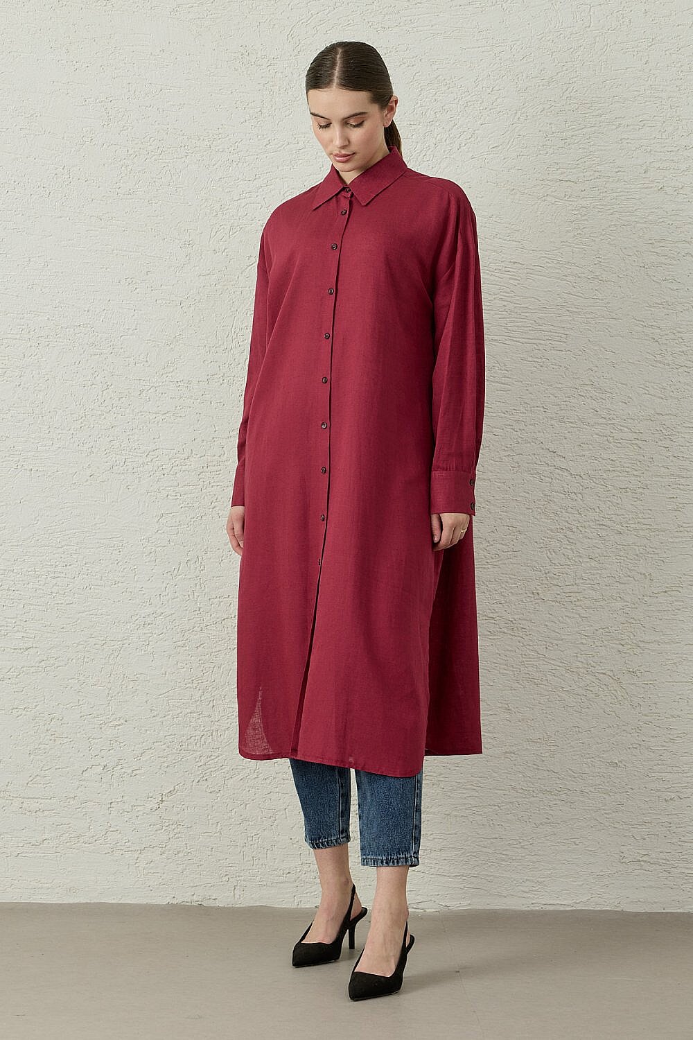 MerWish Uzun Keten Gömlek BORDO - 2