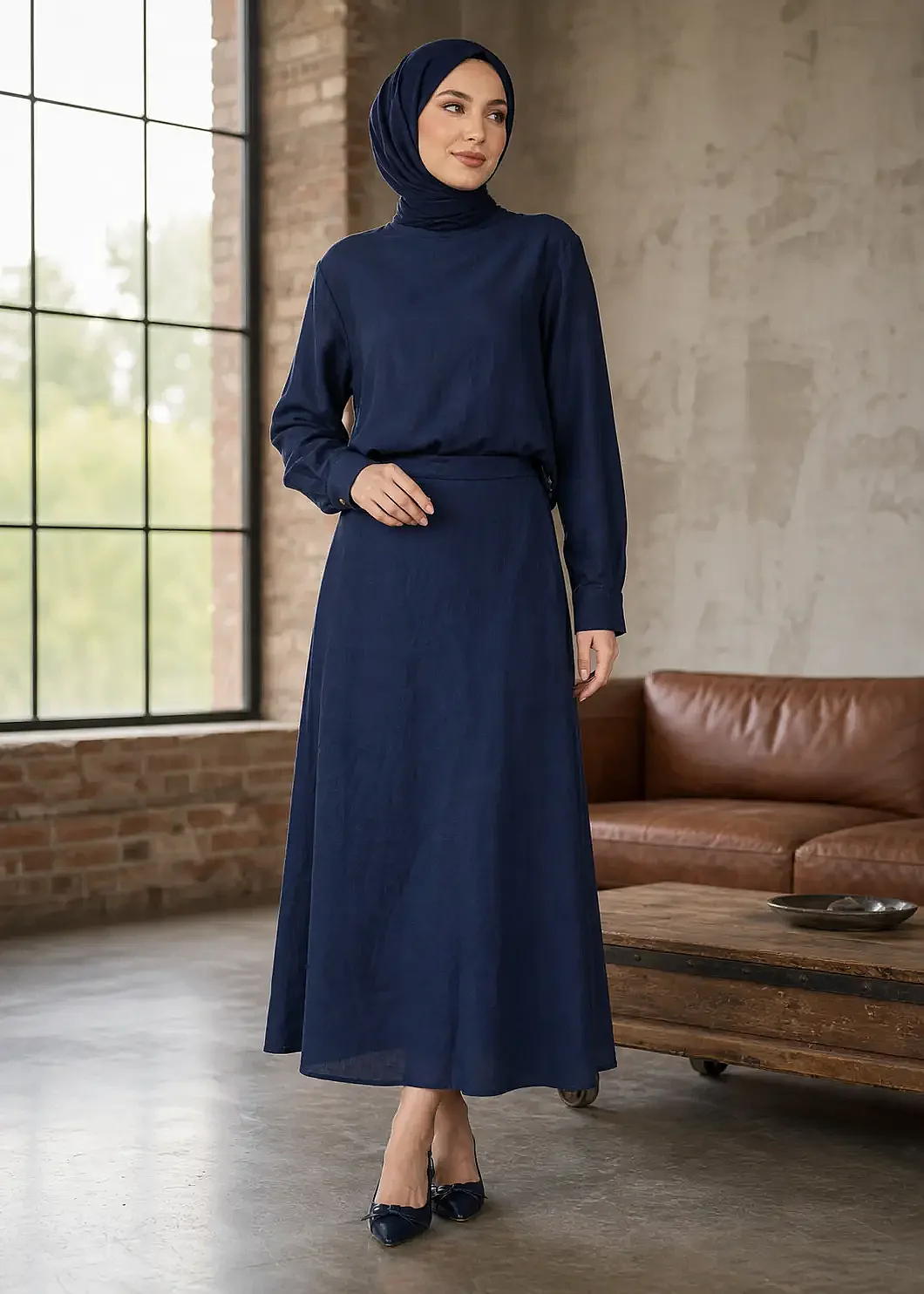 Miss Dalida A Kesim Düz Renk Keten Etek Dark Navy - 1