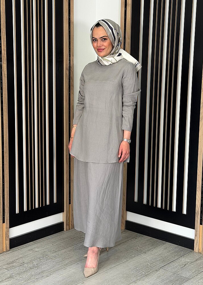 Miss Dalida A Kesim Düz Renk Keten Etek GREY - 2
