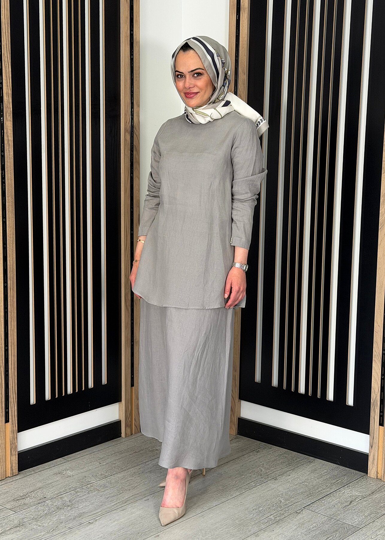 Miss Dalida A Kesim Düz Renk Keten Etek GREY - 2