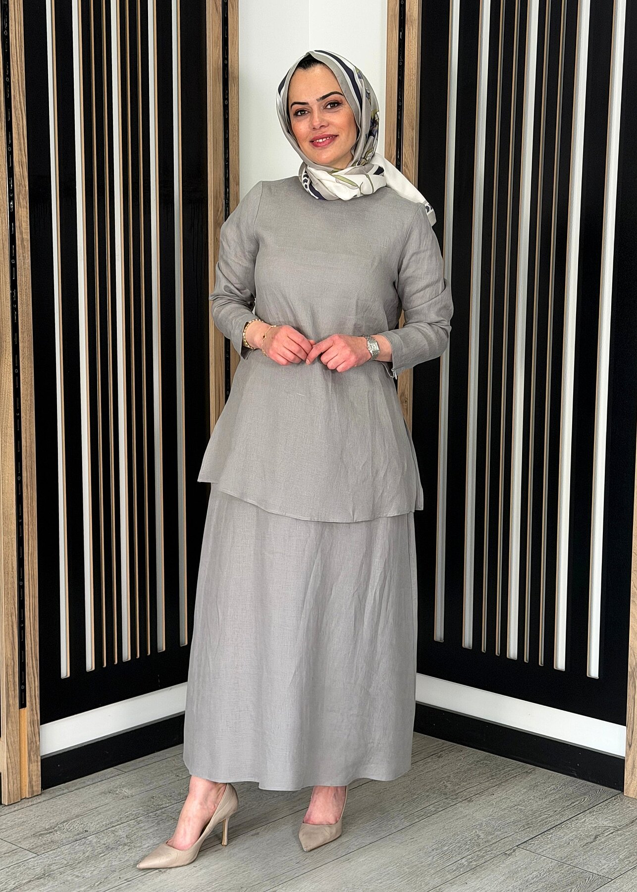 Miss Dalida A Kesim Düz Renk Keten Etek GREY - 1