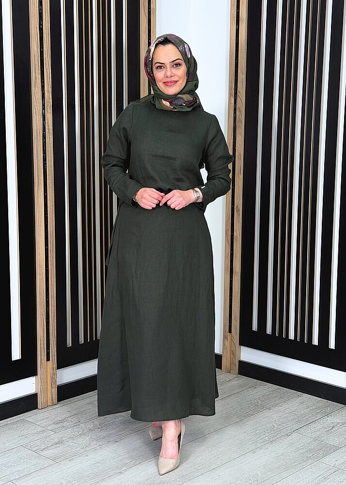 Miss Dalida A Kesim Düz Renk Keten Etek KHAKİ - 3