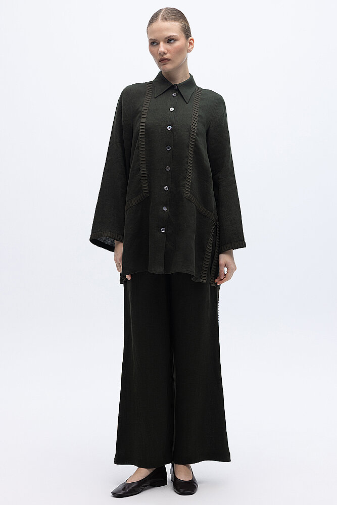 Miss Dalida Bekletme Detaylı Bol Paça Keten Pantolon BLACK