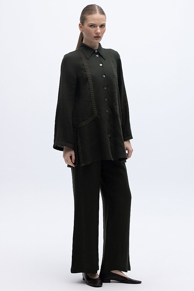 Miss Dalida Bekletme Detaylı Bol Paça Keten Pantolon BLACK - 2