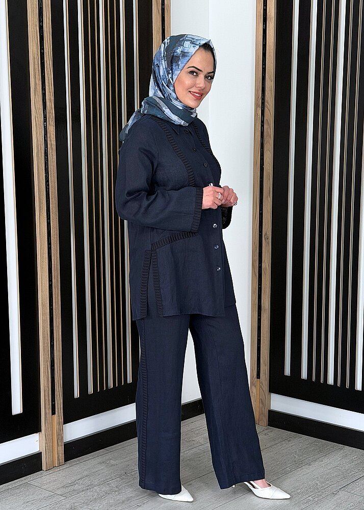Miss Dalida Bekletme Detaylı Bol Paça Keten Pantolon Dark Navy - 3