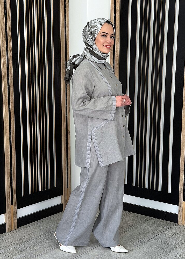 Miss Dalida Bekletme Detaylı Bol Paça Keten Pantolon GREY - 2