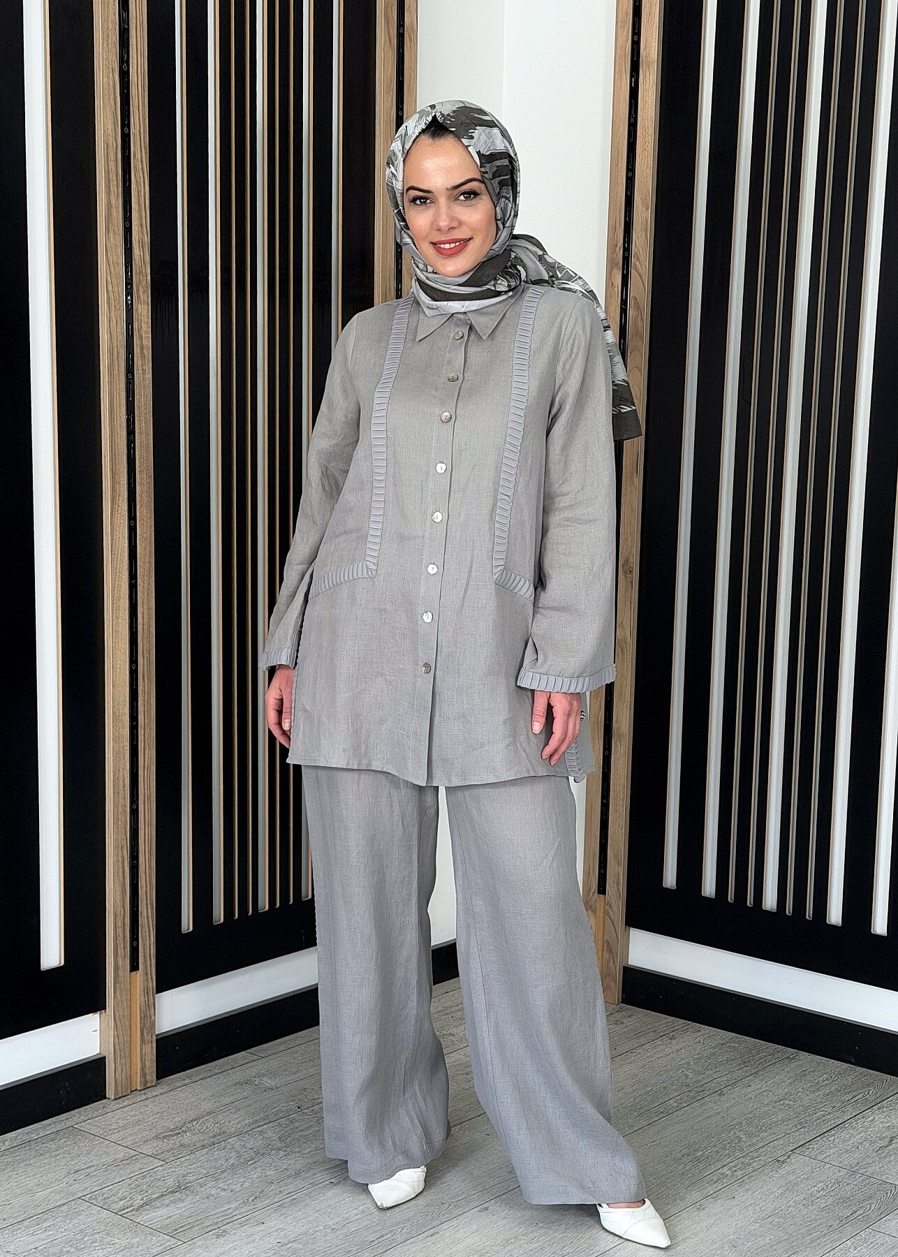 Miss Dalida Bekletme Detaylı Bol Paça Keten Pantolon GREY - 1