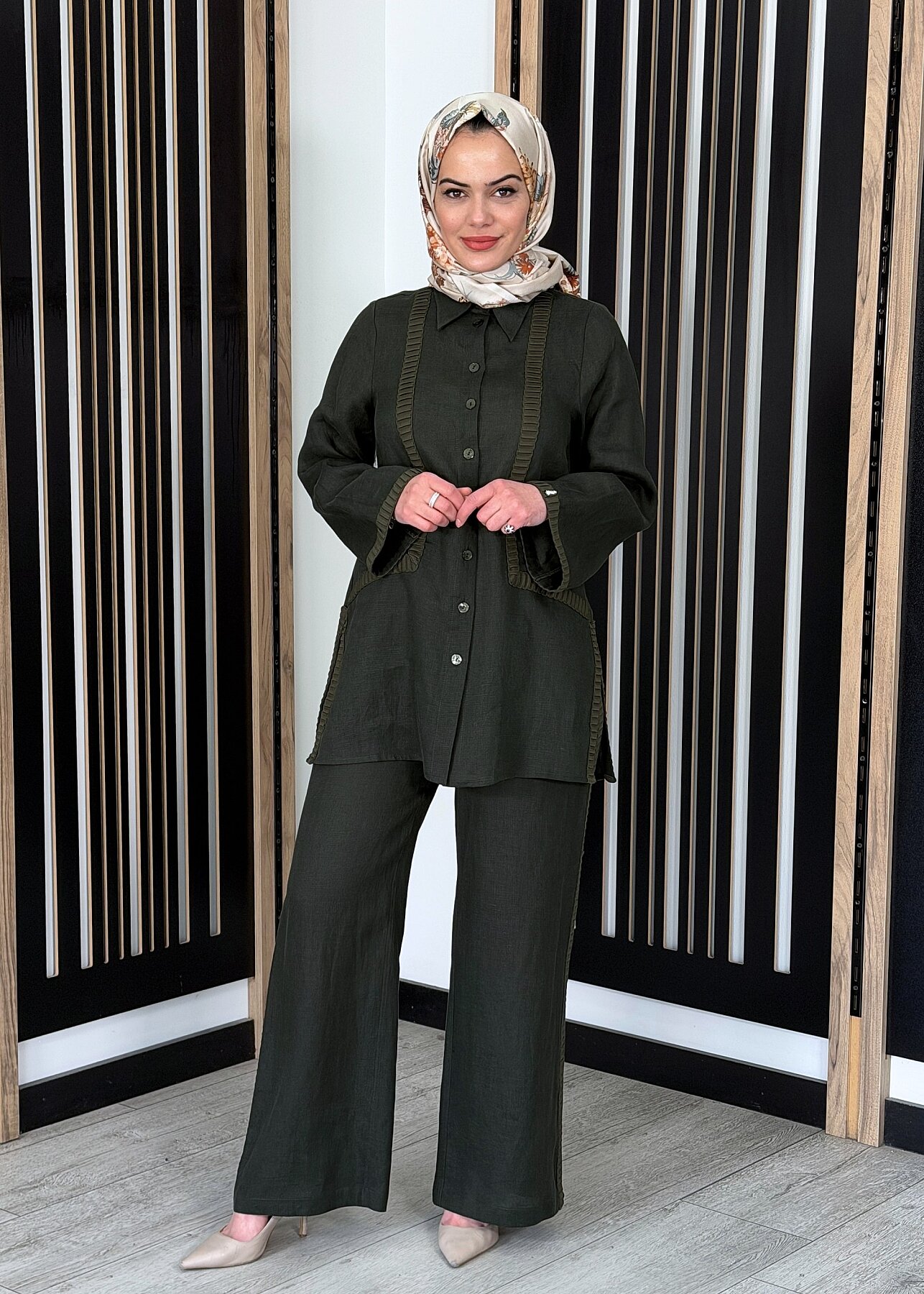 Miss Dalida Bekletme Detaylı Bol Paça Keten Pantolon KHAKİ - 1