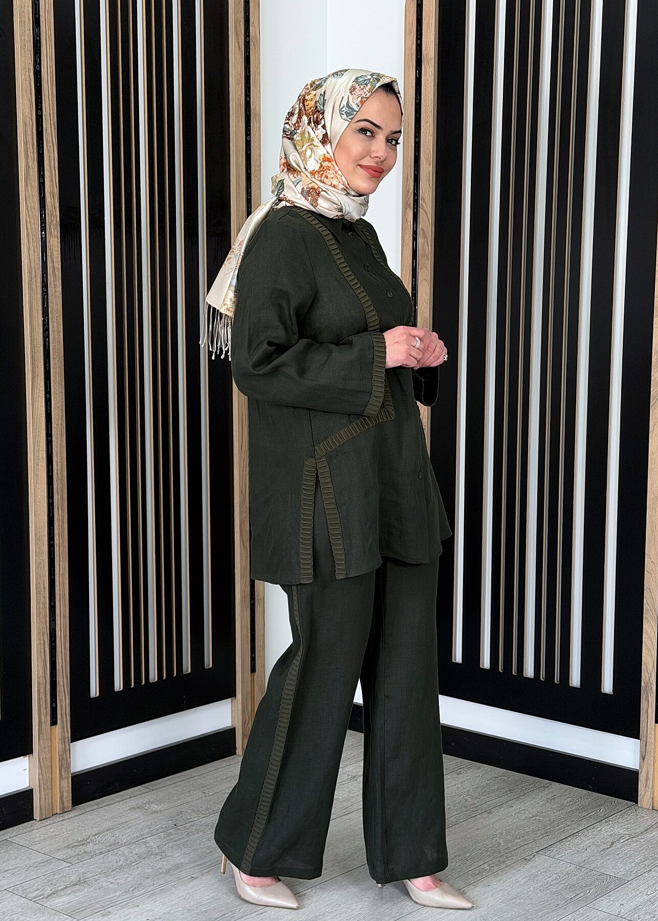 Miss Dalida Bekletme Detaylı Bol Paça Keten Pantolon KHAKİ - 3