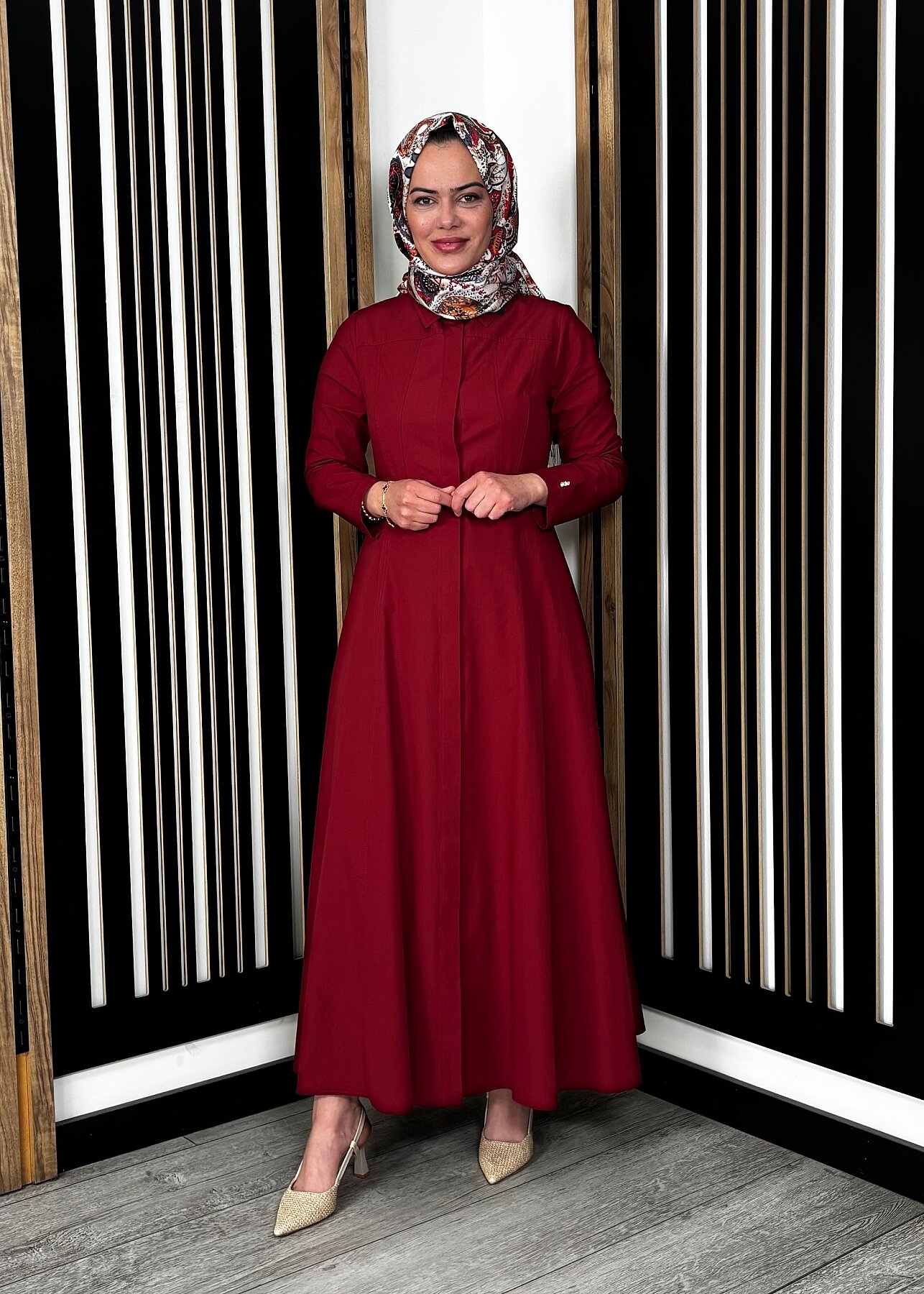 Miss Dalida Belden Oturtmalı Uzun Kollu Poplin Elbise Cherry - 6
