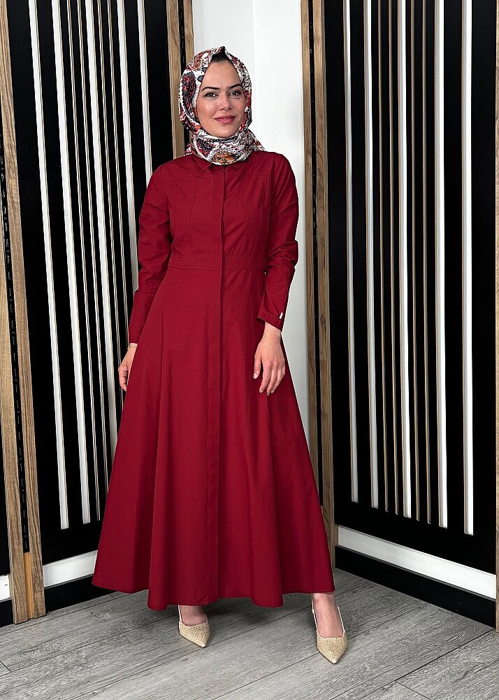 Miss Dalida Belden Oturtmalı Uzun Kollu Poplin Elbise Cherry