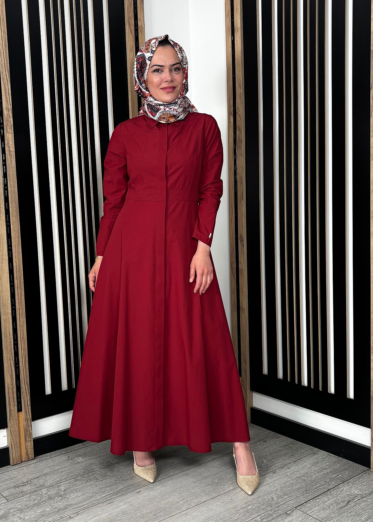 Miss Dalida Belden Oturtmalı Uzun Kollu Poplin Elbise Cherry - 1