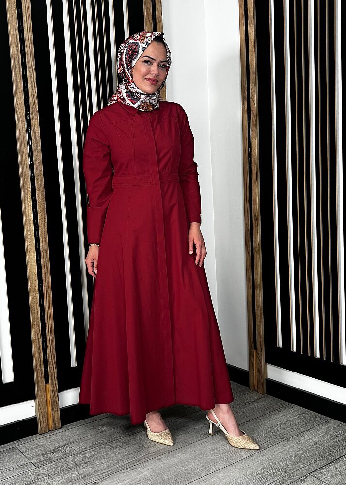 Miss Dalida Belden Oturtmalı Uzun Kollu Poplin Elbise Cherry - 3