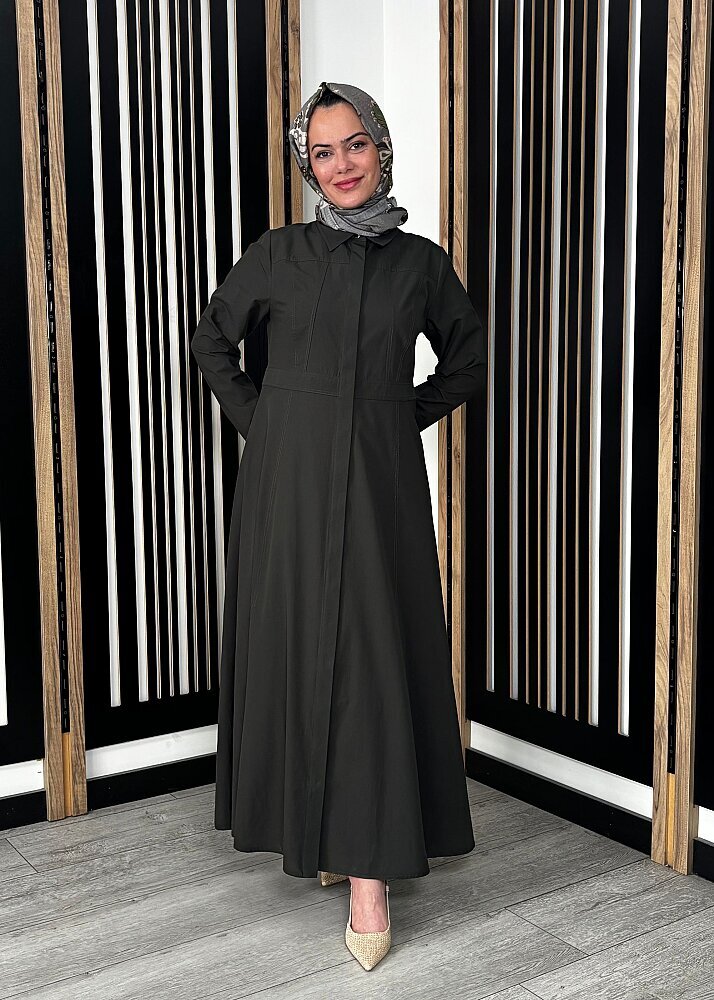 Miss Dalida Belden Oturtmalı Uzun Kollu Poplin Elbise KHAKİ - 2
