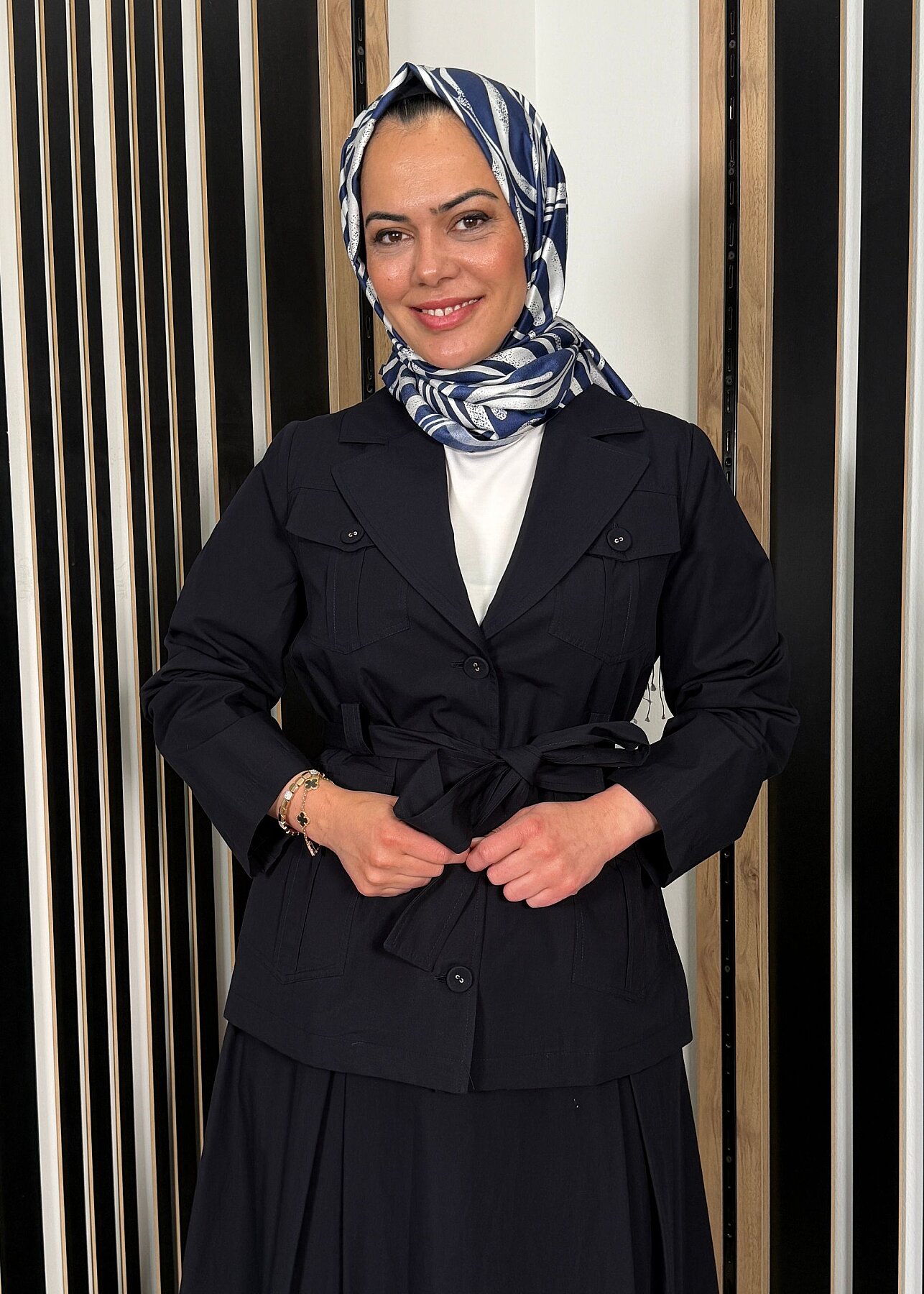 Miss Dalida Beli Kuşaklı Cepli Poplin Gömlek Dark Navy - 1