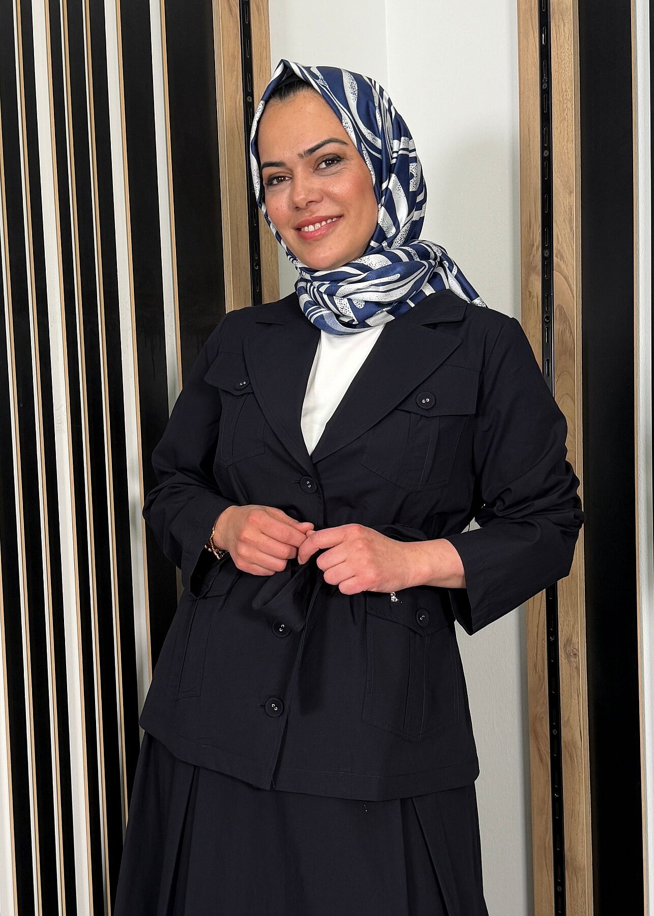 Miss Dalida Beli Kuşaklı Cepli Poplin Gömlek Dark Navy - 3