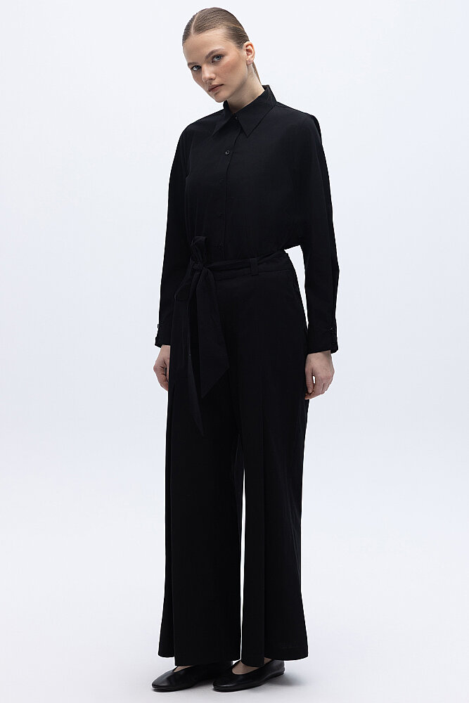 Miss Dalida Beli Kuşalı Bol Paça Pantolon BLACK