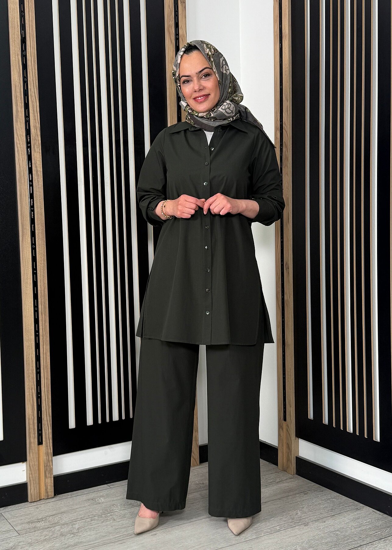Miss Dalida Beli Kuşalı Bol Paça Pantolon KHAKİ - 2