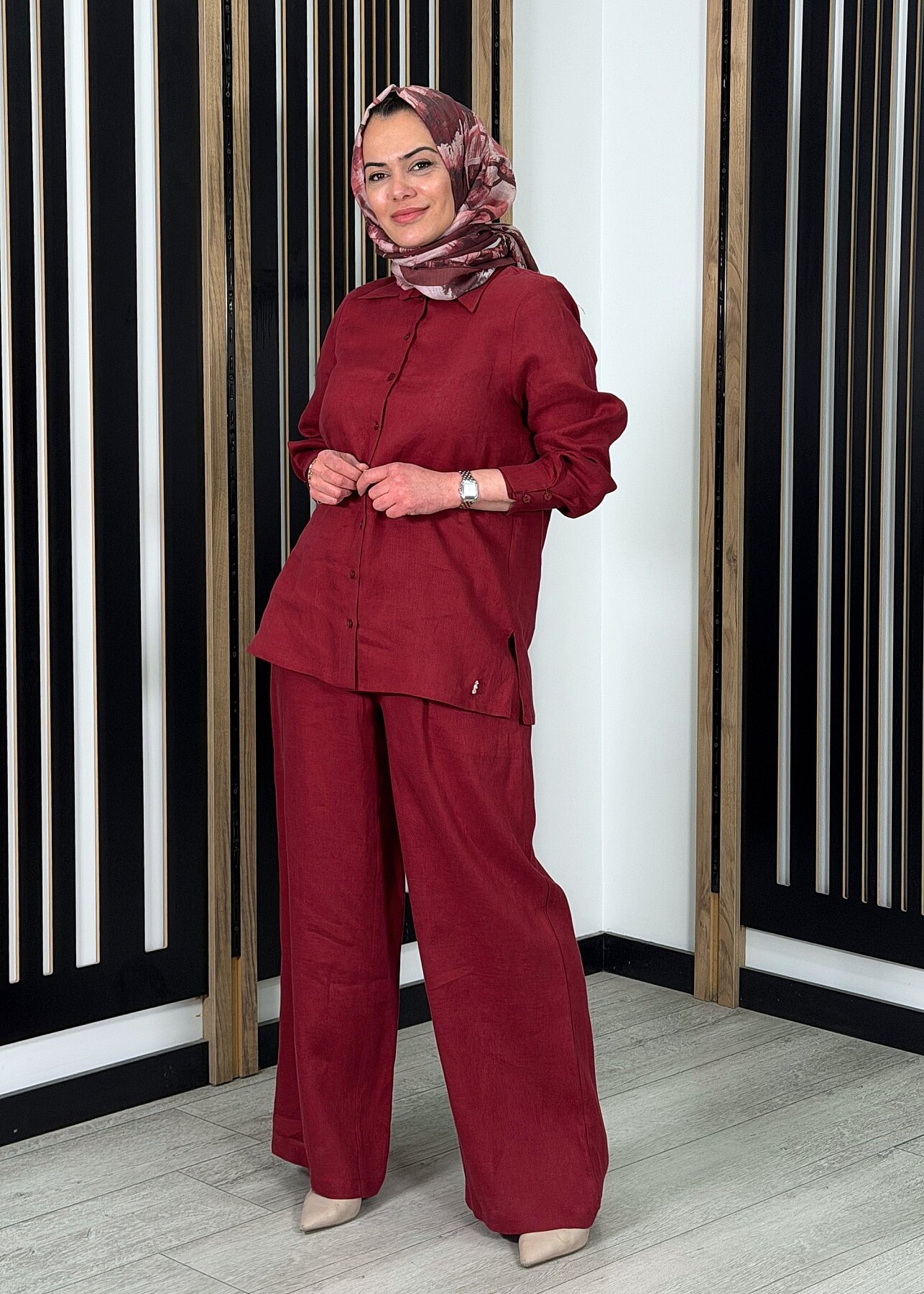 Miss Dalida Beli Lastikli Bol Paça Keten Pantolon Cherry - 2