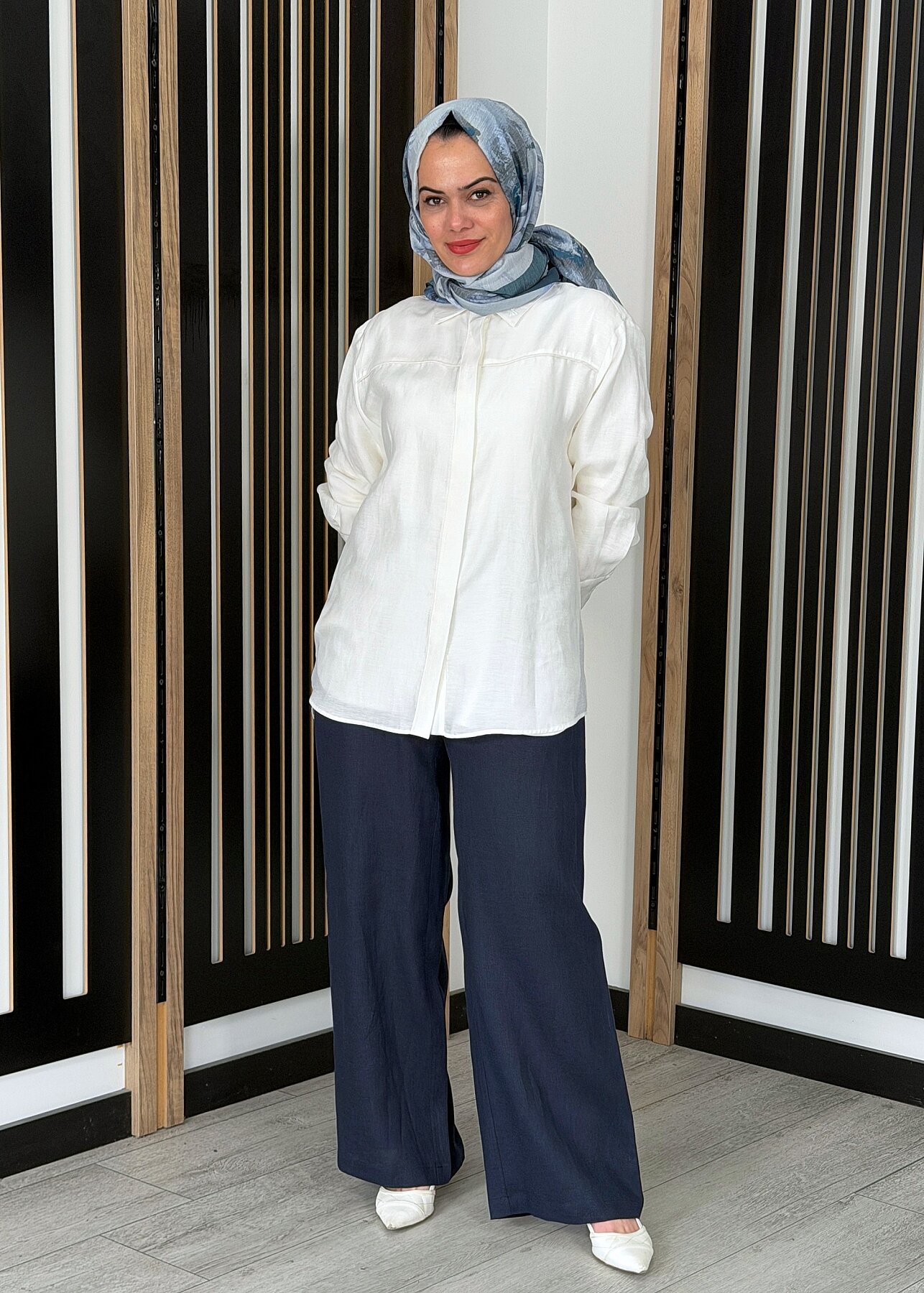 Miss Dalida Beli Lastikli Bol Paça Keten Pantolon Dark Navy - 1