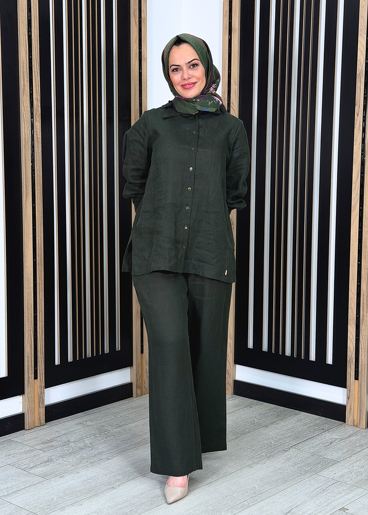 Miss Dalida Beli Lastikli Bol Paça Keten Pantolon KHAKİ - 2