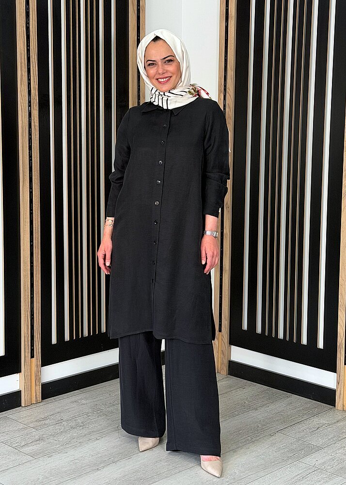 Miss Dalida Cepli İpek Keten Bol Paça Pantolon BLACK - 2