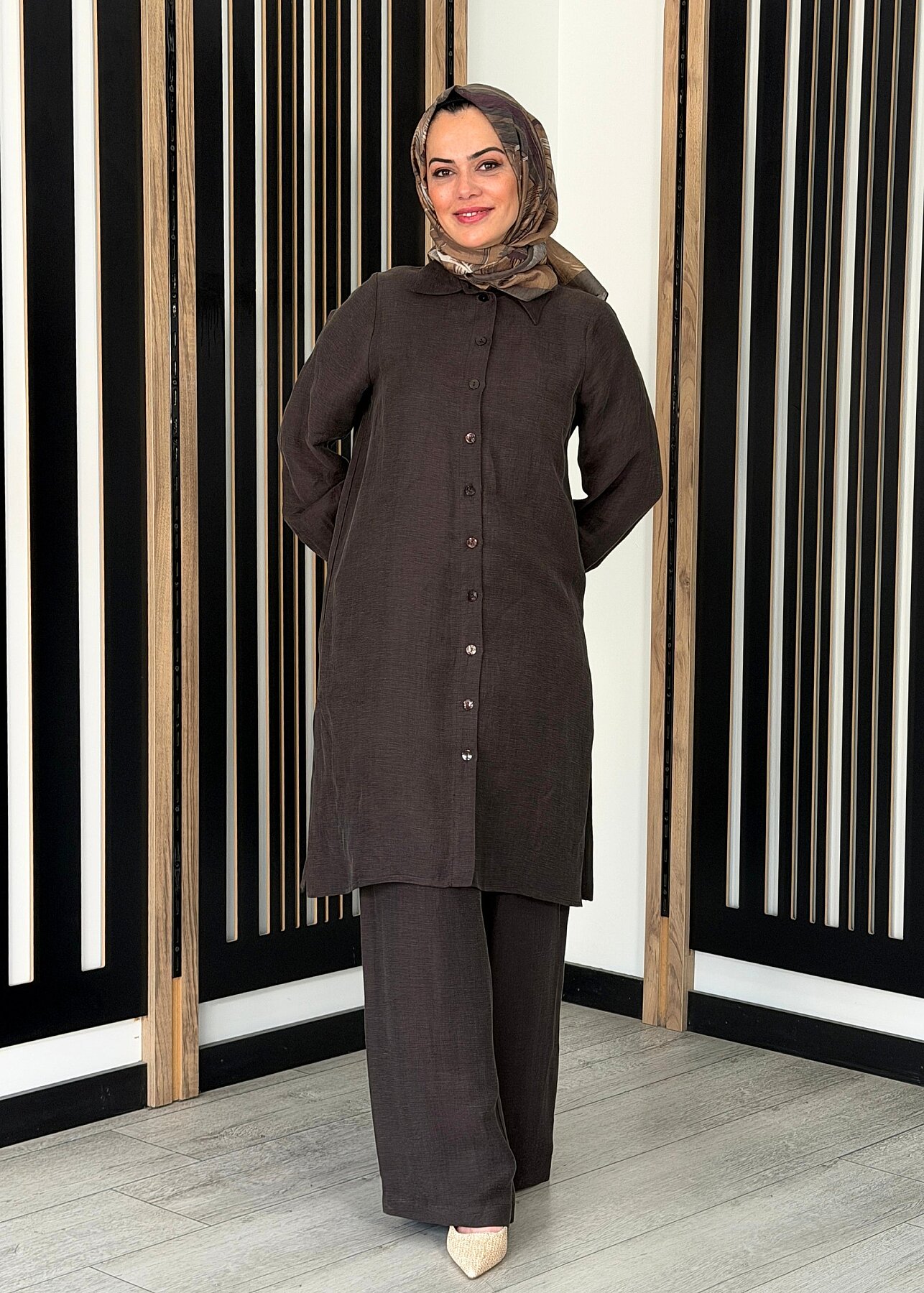 Miss Dalida Cepli İpek Keten Bol Paça Pantolon Cacao - 3