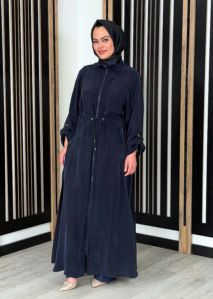 Miss Dalida Fermuarlı Beli Büzgülü Cupro Ceket Dark Navy