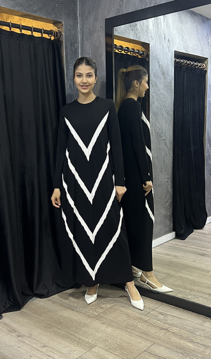 Miss Dalida Geometrik Desenli Triko Elbise SİYAH - 1