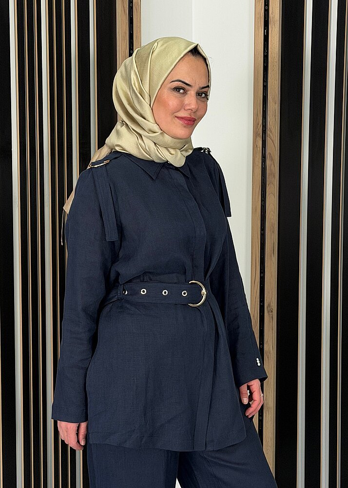 Miss Dalida Gizli Patlı Omuz Detaylı Keten Gömlek Dark Navy - 2