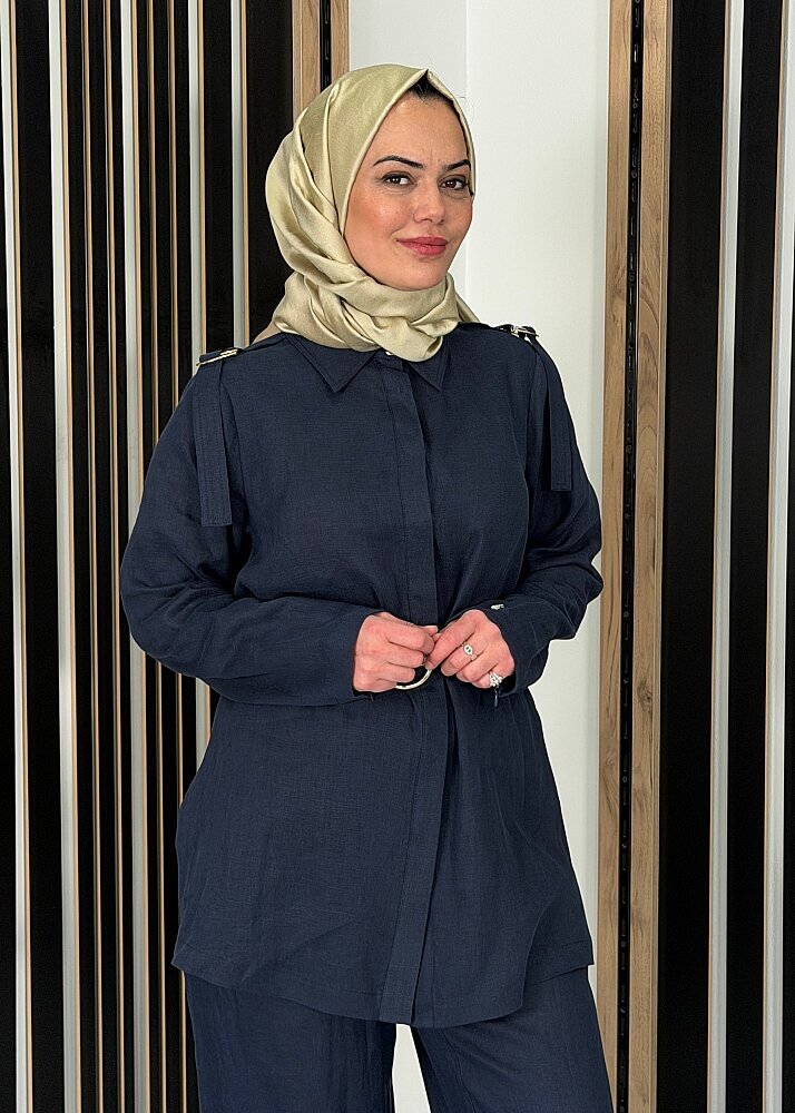 Miss Dalida Gizli Patlı Omuz Detaylı Keten Gömlek Dark Navy - 3