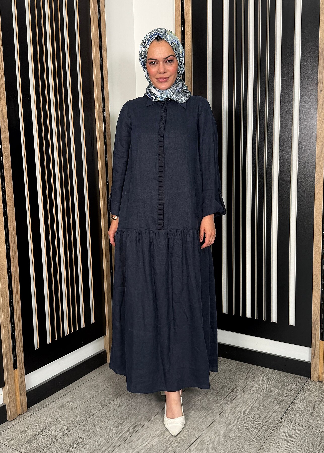 Miss Dalida Gömlek Yaka Bekletme Detaylı Keten Elbise Dark Navy - 2