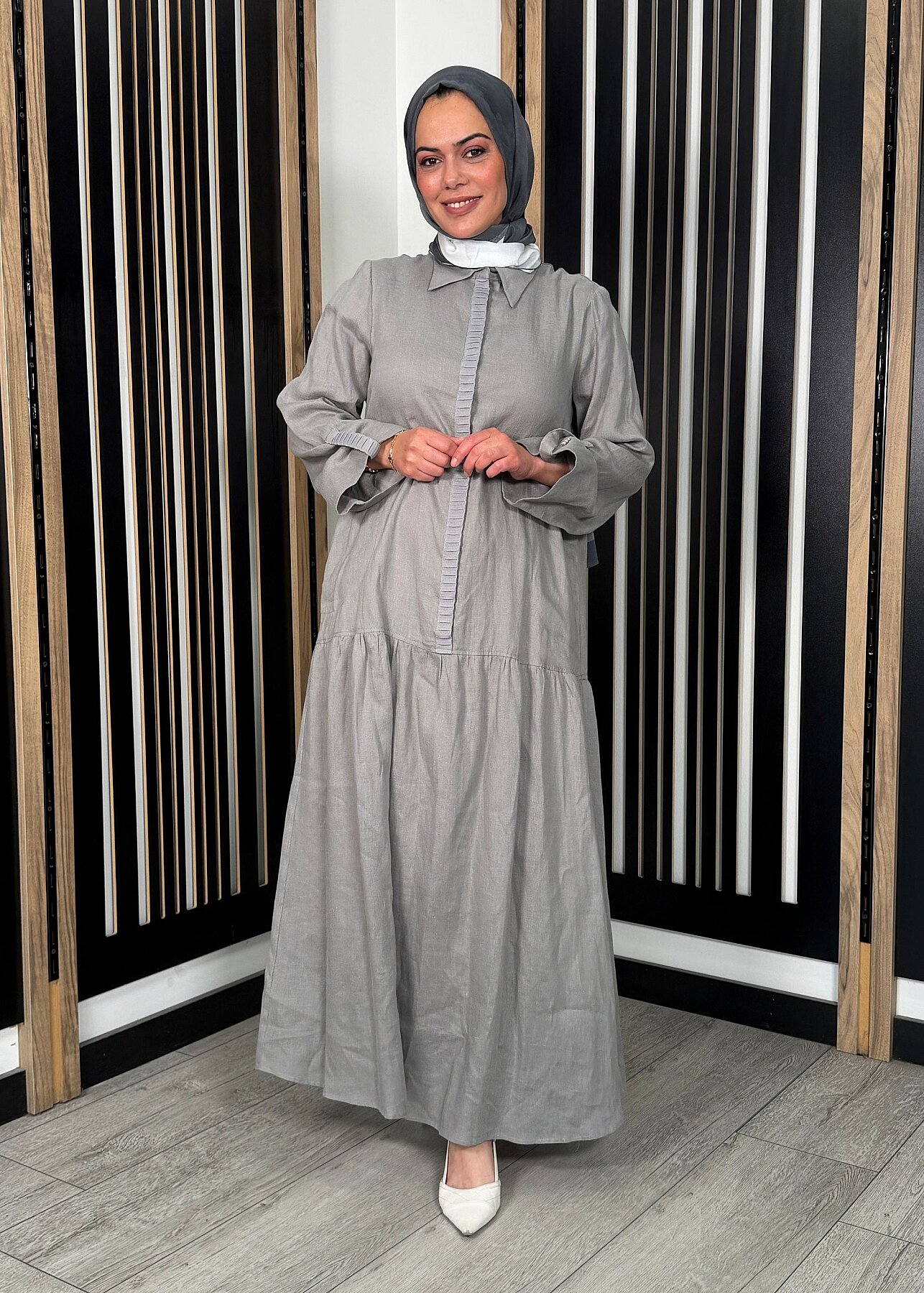 Miss Dalida Gömlek Yaka Bekletme Detaylı Keten Elbise GREY - 1