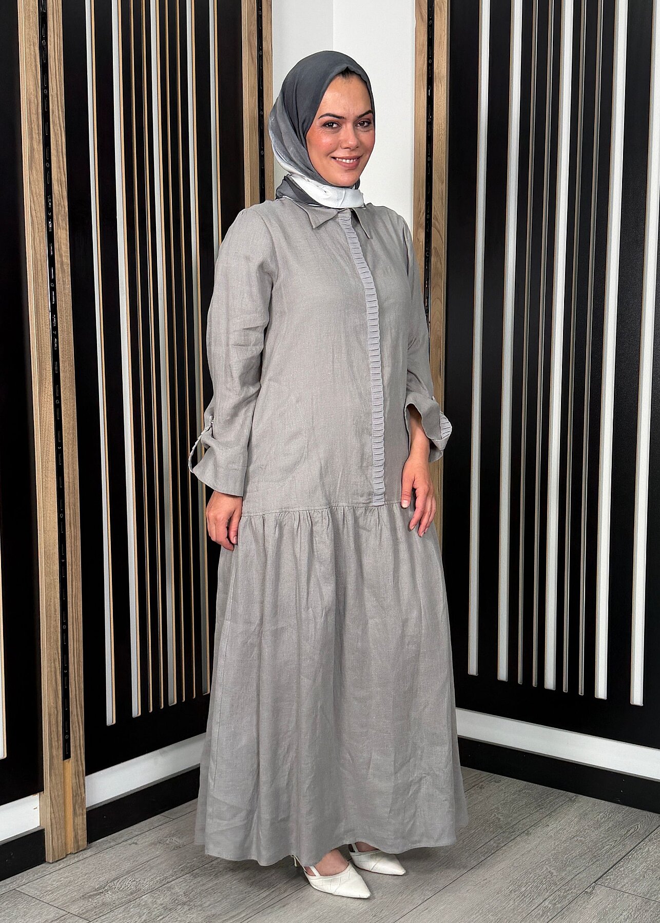 Miss Dalida Gömlek Yaka Bekletme Detaylı Keten Elbise GREY - 2