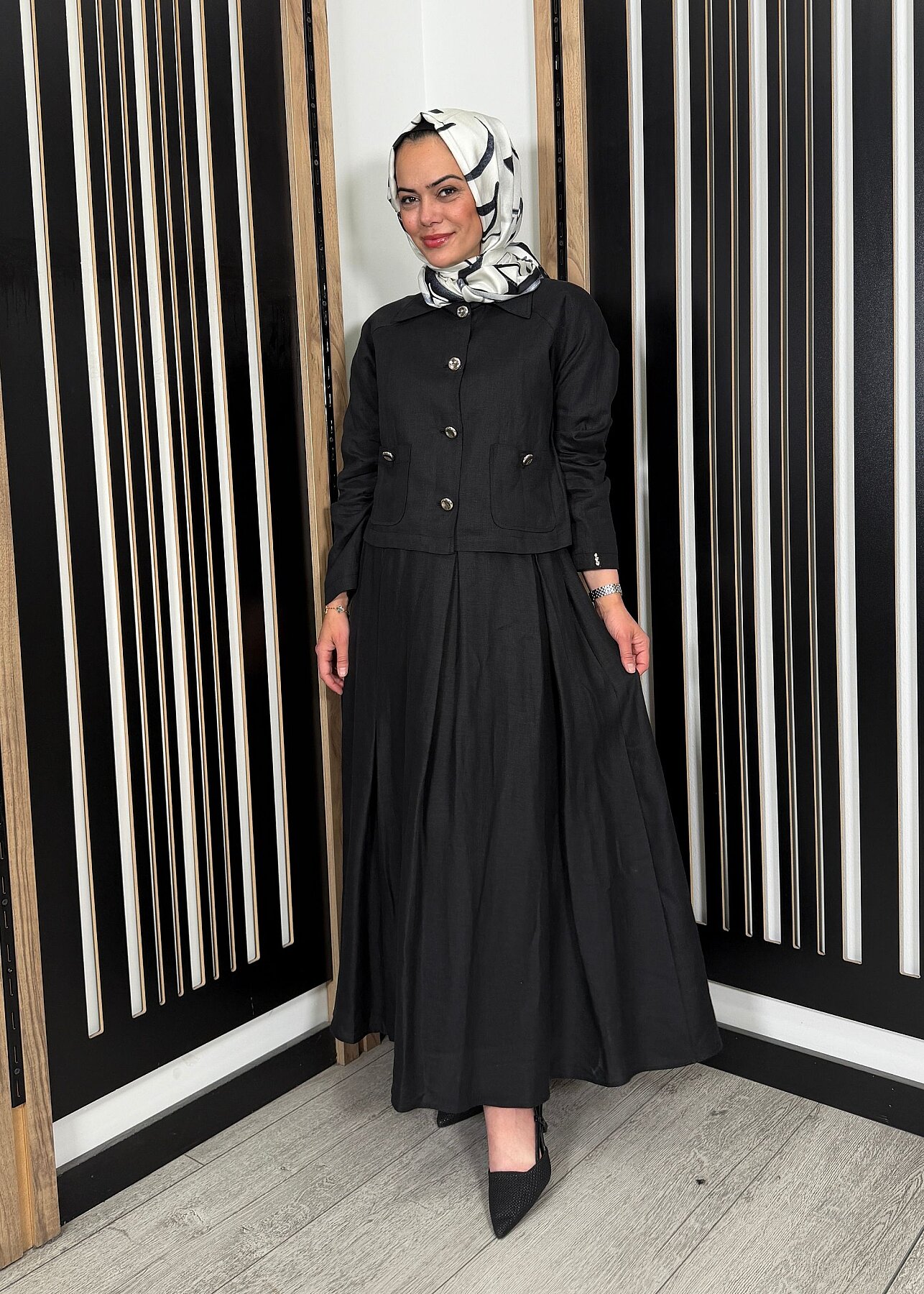 Miss Dalida Gömlek Yaka Cepli Keten Ceket BLACK - 5