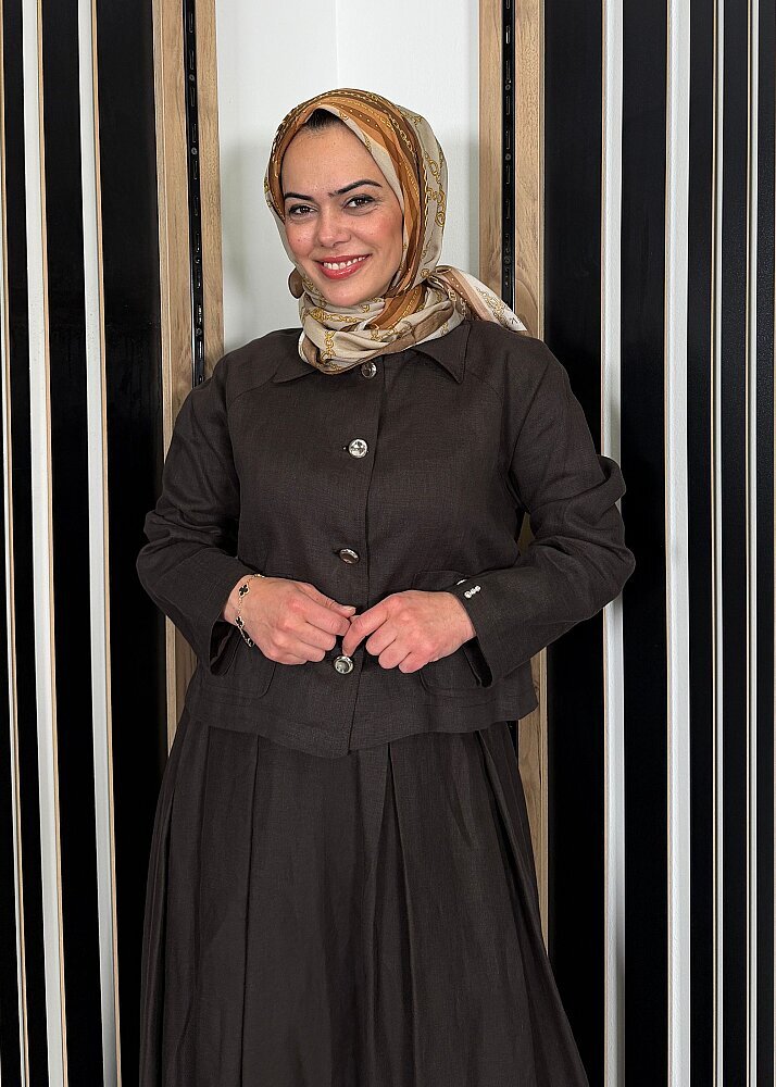 Miss Dalida Gömlek Yaka Cepli Keten Ceket Cacao (1)