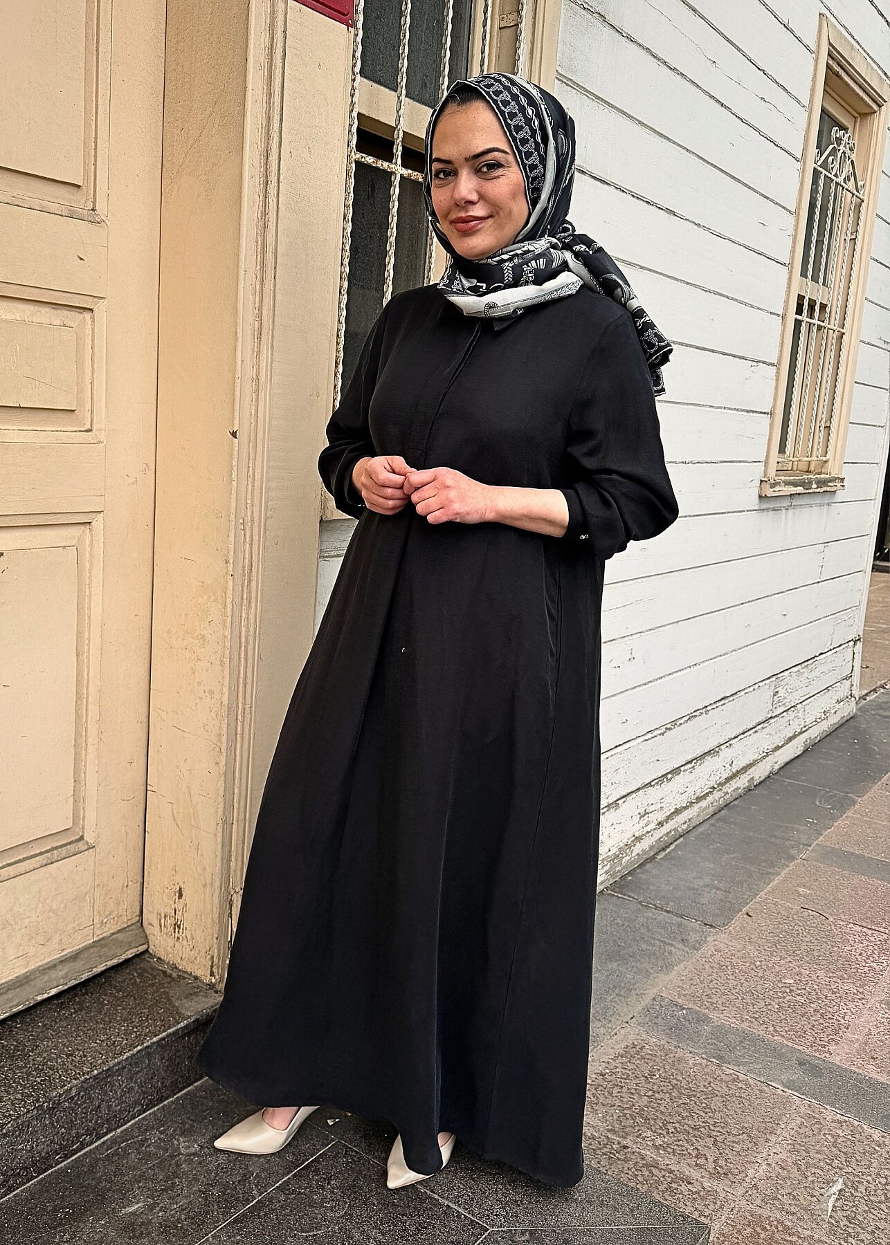 Miss Dalida Gömlek Yaka İpek Keten Uzun Elbise BLACK - 1