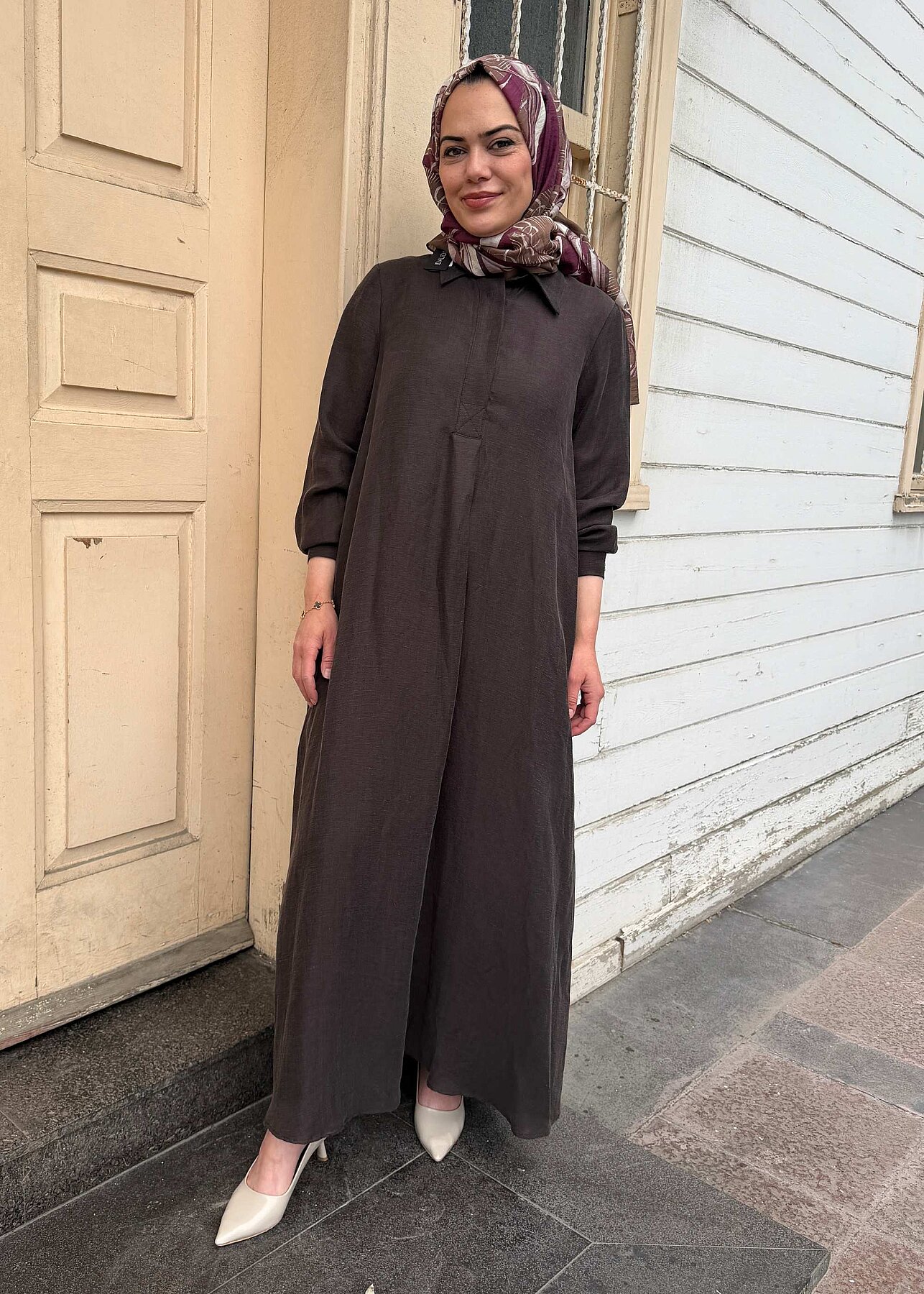 Miss Dalida Gömlek Yaka İpek Keten Uzun Elbise Cacao - 1
