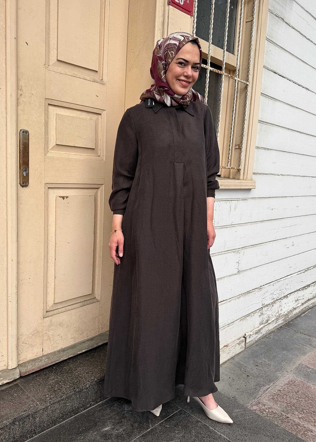 Miss Dalida Gömlek Yaka İpek Keten Uzun Elbise Cacao - 2