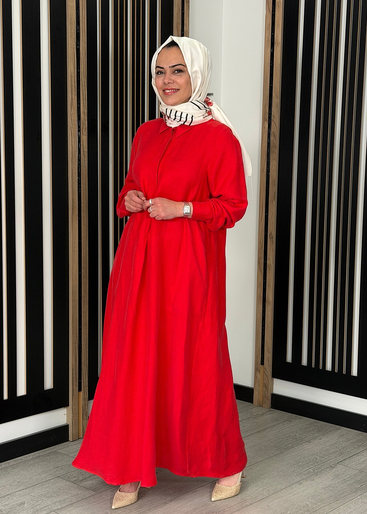 Miss Dalida Gömlek Yaka İpek Keten Uzun Elbise RED - 1