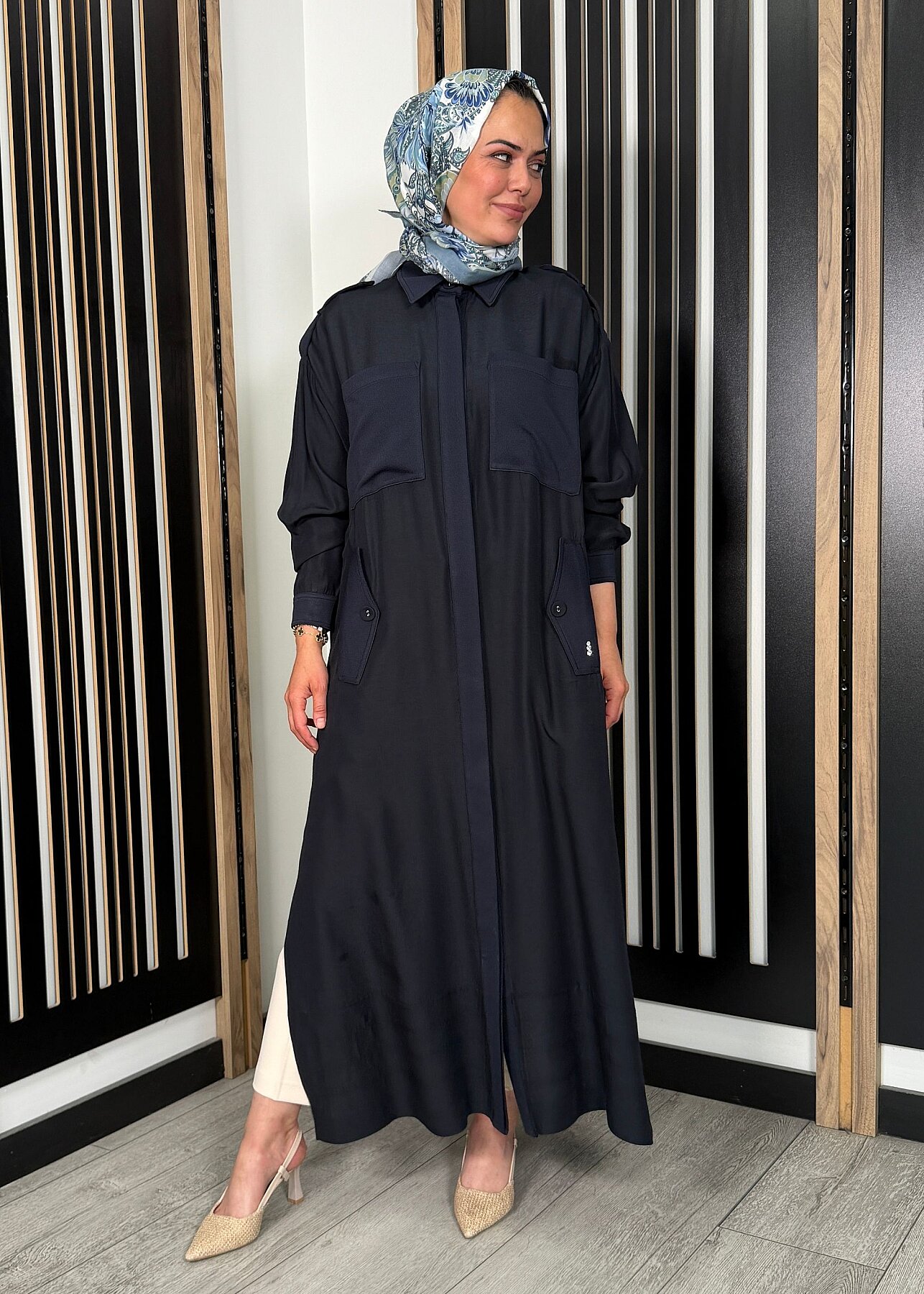 Miss Dalida İpek Keten Cepli Uzun Panço Dark Navy - 3