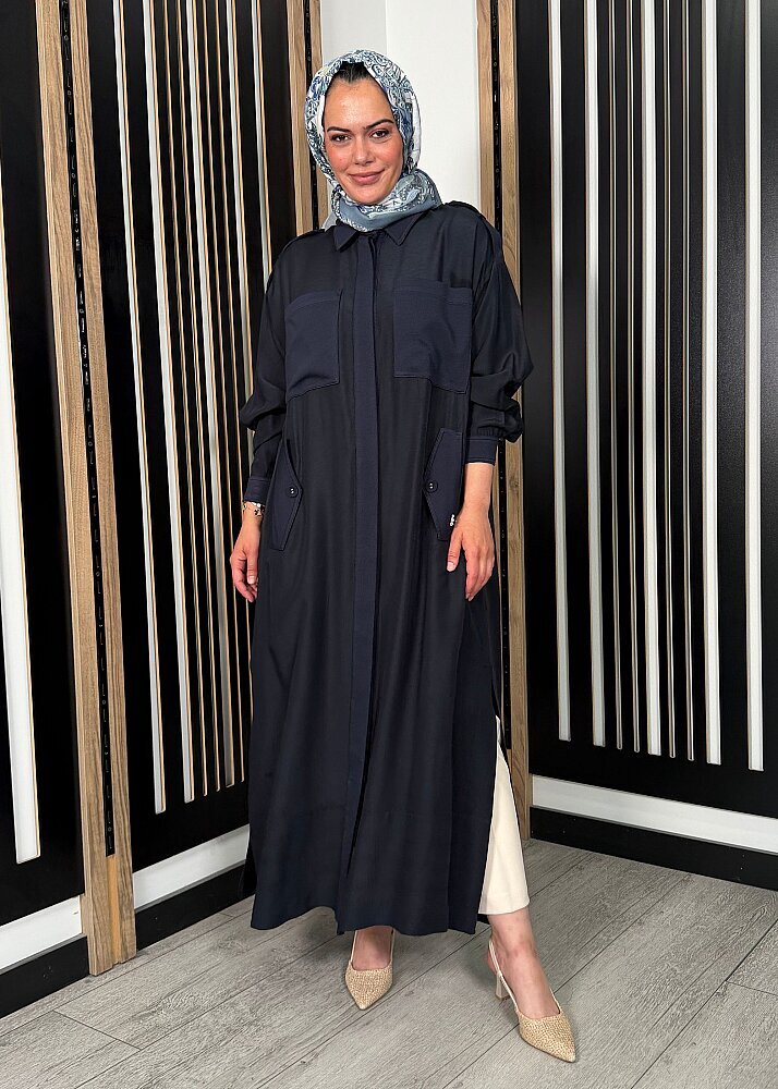 Miss Dalida İpek Keten Cepli Uzun Panço Dark Navy