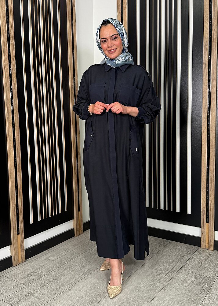 Miss Dalida İpek Keten Cepli Uzun Panço Dark Navy - 4