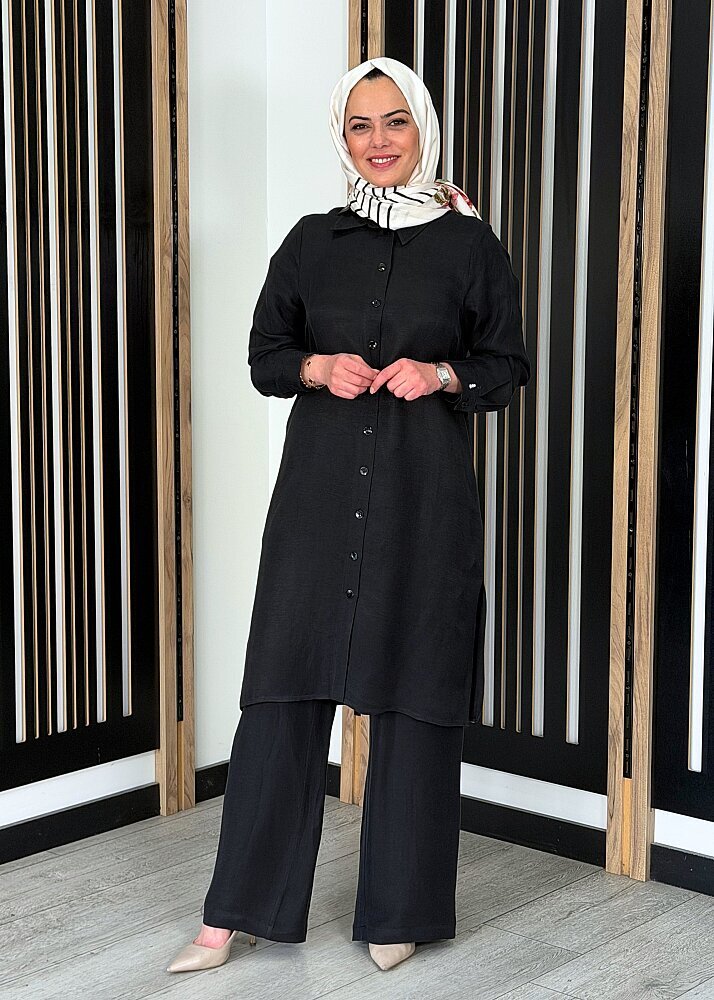 Miss Dalida İpek Keten Uzun Gömlek BLACK (1)