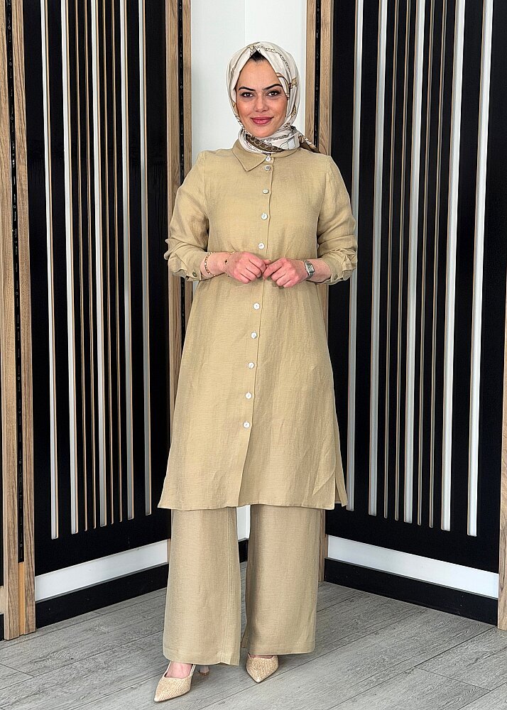 Miss Dalida İpek Keten Uzun Gömlek CAMEL - 3
