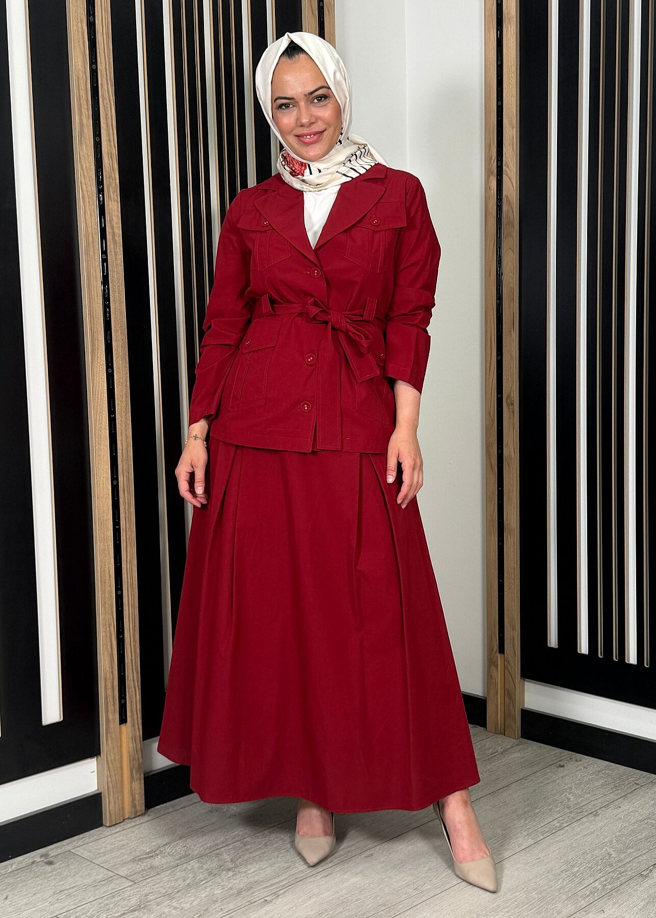 Miss Dalida Kemer Detaylı Pamuklu Kumaş Etek Cherry - 2